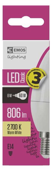 LED žárovka E14 - svíčka - ZQ3230, 2700K, 8W, 806lm (E14 svíčková žárovka)