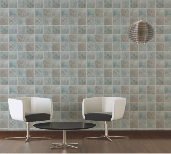 A.S. Création | Vliesová tapeta na zeď New Studio 37388-1 | 0,53 x 10,05 m | zelená, modrá, krémová, šedá