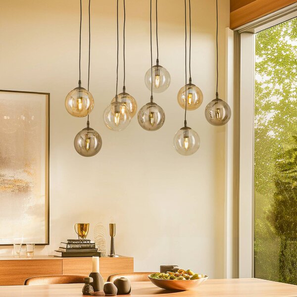 EMIBIG LIGHTING Závěsné světlo Glassy, 9-ramenné, černé, grafit/jantar/čiré, E14, stmívatelný, Černá, Obývací pokoj / jídelna, kov, Moderní