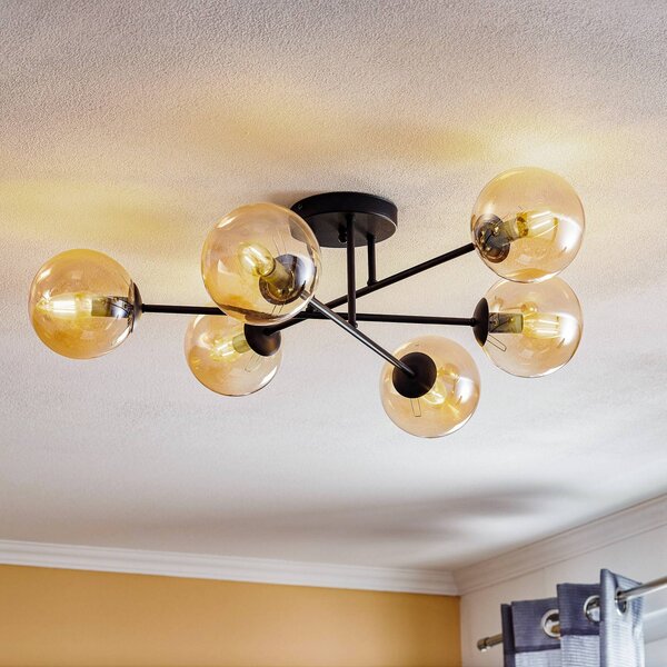 EMIBIG LIGHTING Stropní světlo Glassy, černé, jantarové, sklo, 6-bodové, E14, stmívatelný, Černá, Obývací pokoj / jídelna, kov, Moderní