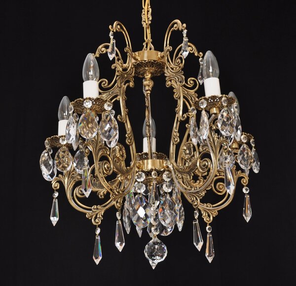 6 Arms Crystal cast brass chandelier - Gold brass & Hand blown