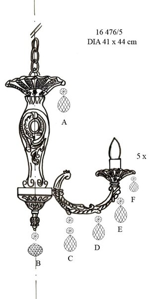 5-ti ramenný menší odlitkový křišťálový lustr s křišťálovými vachtlemi - Zlaté šešule 16476-5-V-ZL