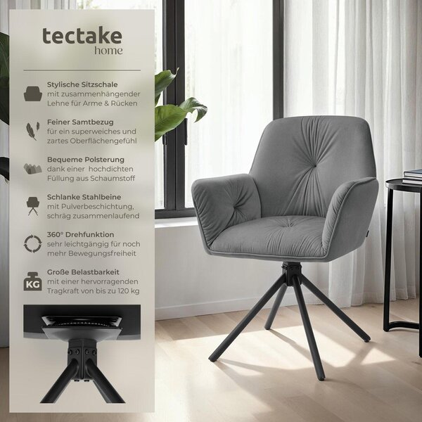 Tectake® Otočná jídelní židle Lenia s potahem imitujícím samet, polstrování, rozměry 56,5 x 54 x 86 cm