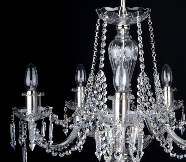 DBK GLASS 5-ti ramenný stříbrný lustr z broušeného křišťálového skla zdobený prismami 1710-5-NKA