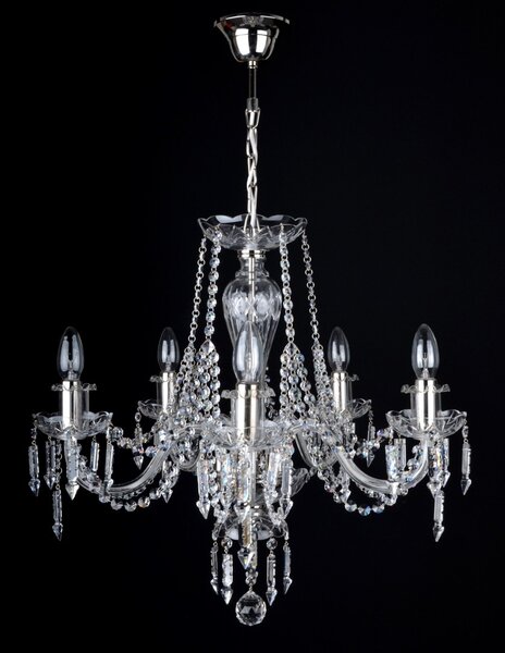 DBK GLASS 5-ti ramenný stříbrný lustr z broušeného křišťálového skla zdobený prismami 1710-5-NKA