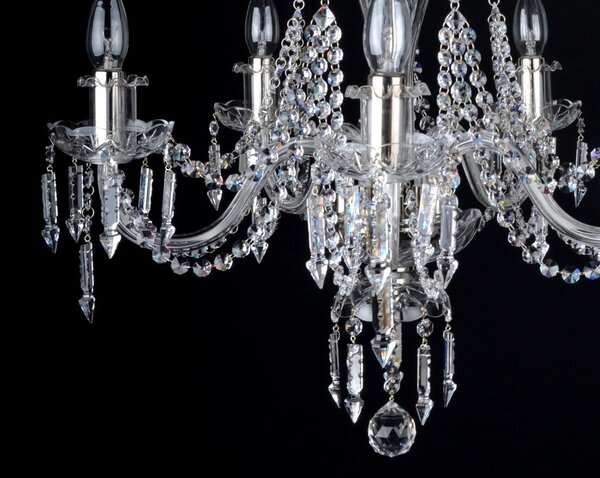 DBK GLASS 5-ti ramenný stříbrný lustr z broušeného křišťálového skla zdobený prismami 1710-5-NKA