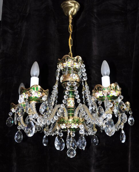 6 Arms Green enamelled crystal chandelier with glass flowers 13407-6-Z