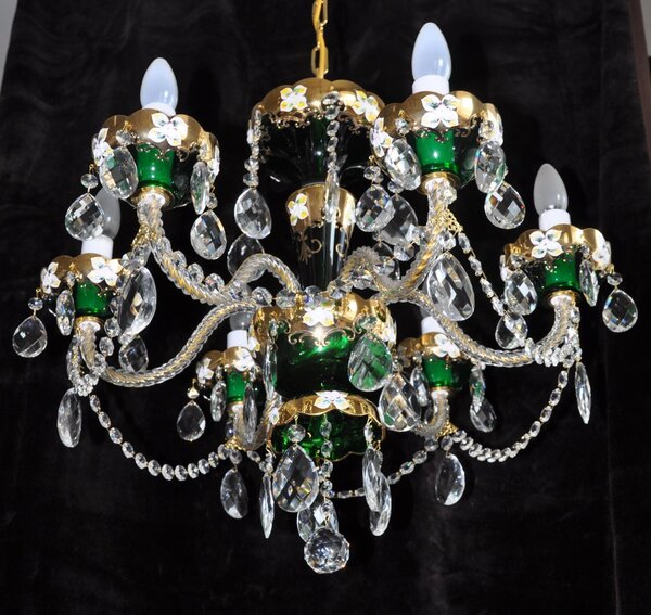 6 Arms Green enamelled crystal chandelier with glass flowers 13176-6-Z
