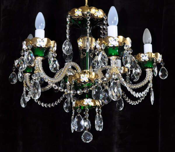 6 Arms Green enamelled crystal chandelier with glass flowers 13176-6-Z