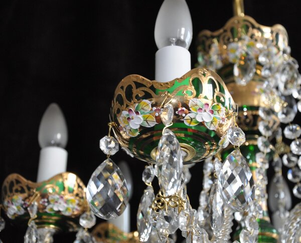 6 Arms Green enamelled crystal chandelier with glass flowers 13407-6-Z