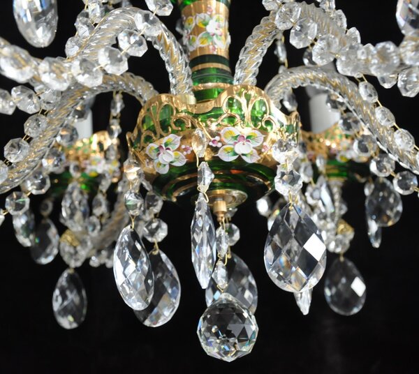 6 Arms Green enamelled crystal chandelier with glass flowers 13407-6-Z