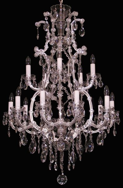 15-ti plamenný stříbrný Tereziánský lustr protáhlého tvaru s křišťálovými Vachtlem pro vyšší stropy