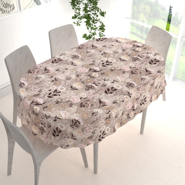 Biante Bavlněný oválný ubrus Sandra SA-787 Růžovo-hnědé květiny na hnědošedém 50x100 cm
