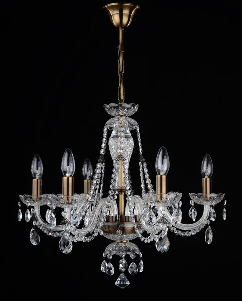 DBK GLASS 6-ti ramenný křišťálový lustr s broušenými vachtlemi a hnědou mořenou mosazí ANTIK 0520-6-PT