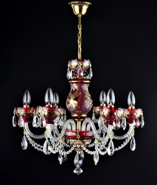 DBK GLASS 6-ti ramenný rubínově červený křišťálový lustr s ruční malbou - zlaté listy 0899-6-Goldleaf