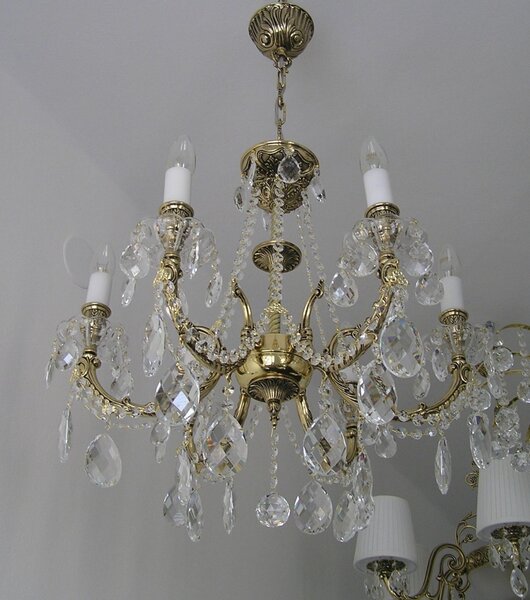 6 Arms Crystal cast brass chandelier - Gold brass & Hand blown bobeches 16438-6-plain