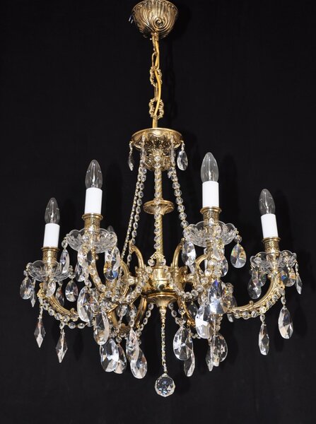 6 Arms Crystal cast brass chandelier - Gold brass & Hand blown bobeches 16438-6-plain