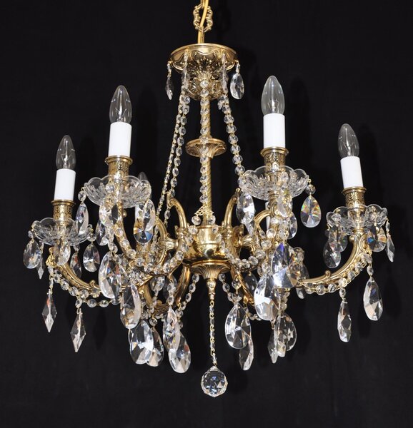 6 Arms Crystal cast brass chandelier - Gold brass & Hand blown bobeches 16438-6-plain