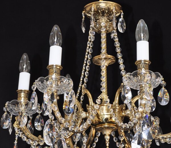 6 Arms Crystal cast brass chandelier - Gold brass & Hand blown bobeches 16438-6-plain