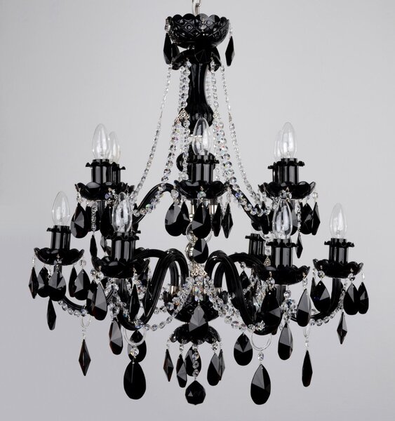 12 Arms Silver crystal chandelier with Black almonds & Clear crystal chains
