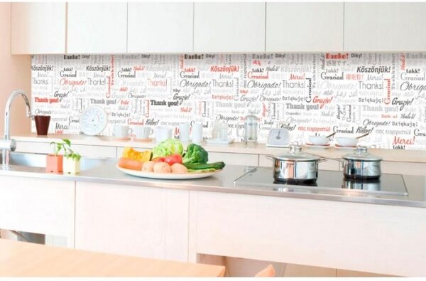 DIMEX | Fototapeta do kuchyně Nápisy děkuji KI-350-094 | 350 x 60 cm | bílá, oranžová, šedá