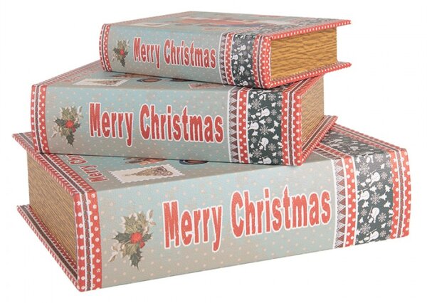 Sada 3 ks úložných boxů ve tvaru knihy s vánočním motivem a nápisem Merry Christmas – 27x22 cm / 22x17 cm / 17x12 cm