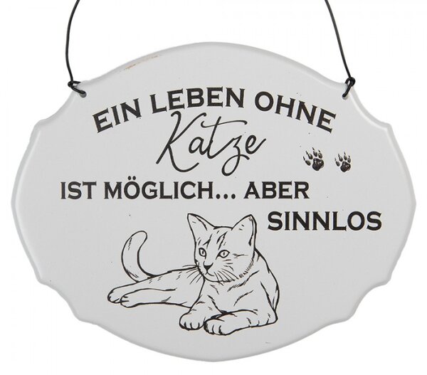 Bílá závěsná kovová cedule Katze 18x15 cm