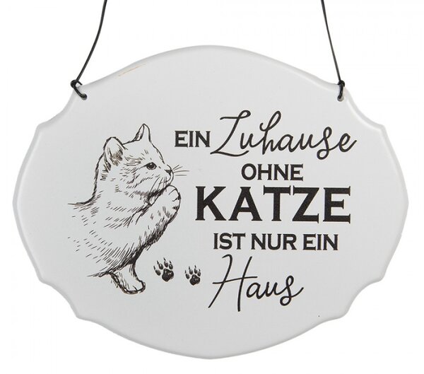 Bílá závěsná kovová cedule Katze Haus 18x15 cm