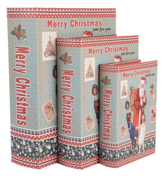 Sada 3 ks úložných boxů ve tvaru knihy s vánočním motivem a nápisem Merry Christmas – 27x22 cm / 22x17 cm / 17x12 cm