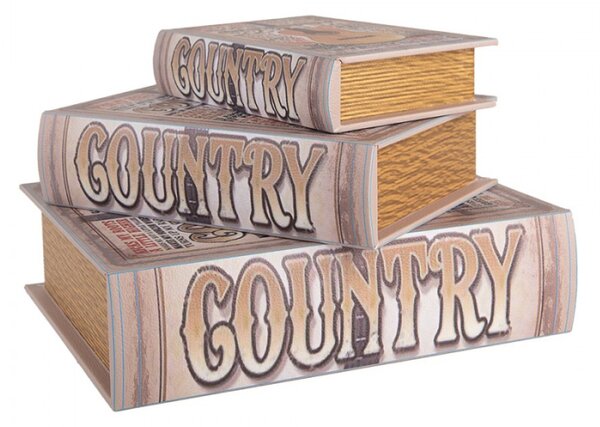 Sada 3 ks úložných boxů ve tvaru knihy s country motivem – 27x22 cm / 22x17 cm / 17x12 cm
