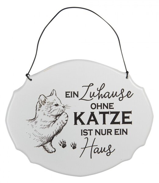 Bílá závěsná kovová cedule Katze Haus 18x15 cm