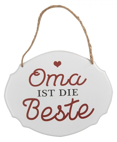Bílá závěsná kovová cedule Oma ist die Best 18x15 cm