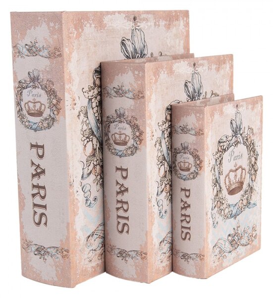 Sada 3 ks úložných boxů ve tvaru knihy v pastelových barvách s nápisem Paris – 27x22 cm / 22x17 cm / 17x12 cm
