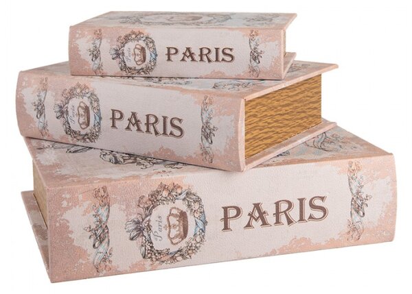 Sada 3 ks úložných boxů ve tvaru knihy v pastelových barvách s nápisem Paris – 27x22 cm / 22x17 cm / 17x12 cm