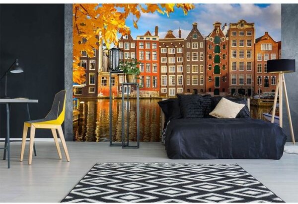 DIMEX | Vliesové fototapety na zeď Domy v Amsterdamu MS-5-0024 | 375 x 250 cm| modrá, bílá, oranžová, hnědá