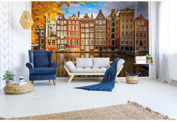 DIMEX | Vliesové fototapety na zeď Domy v Amsterdamu MS-5-0024 | 375 x 250 cm| modrá, bílá, oranžová, hnědá