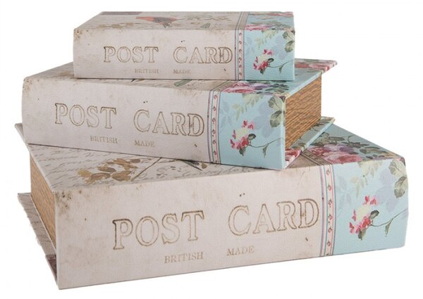 Sada 3 ks úložných boxů ve tvaru knihy s ptáčkem, známkou a nápisem Post Card – 27x22 cm / 22x17 cm / 17x12 cm