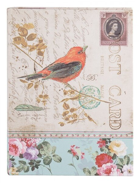 Sada 3 ks úložných boxů ve tvaru knihy s ptáčkem, známkou a nápisem Post Card – 27x22 cm / 22x17 cm / 17x12 cm