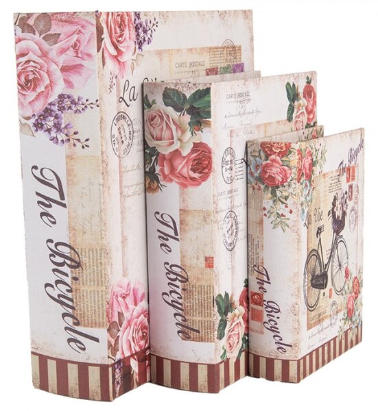 Sada 3 ks úložných boxů ve tvaru knihy s romantickým motivem kola a růžemi – 27x22 cm / 22x17 cm / 17x12 cm