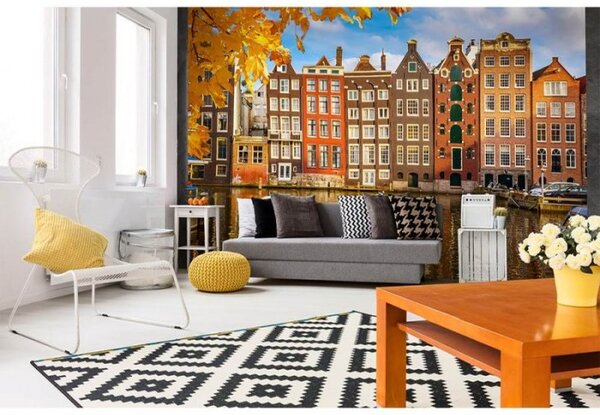 DIMEX | Vliesové fototapety na zeď Domy v Amsterdamu MS-5-0024 | 375 x 250 cm| modrá, bílá, oranžová, hnědá