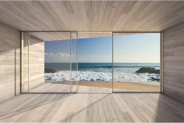 DIMEX | Vliesové fototapety na zeď Okno na pláž MS-5-0042 | 375 x 250 cm| béžová, modrá, bílá