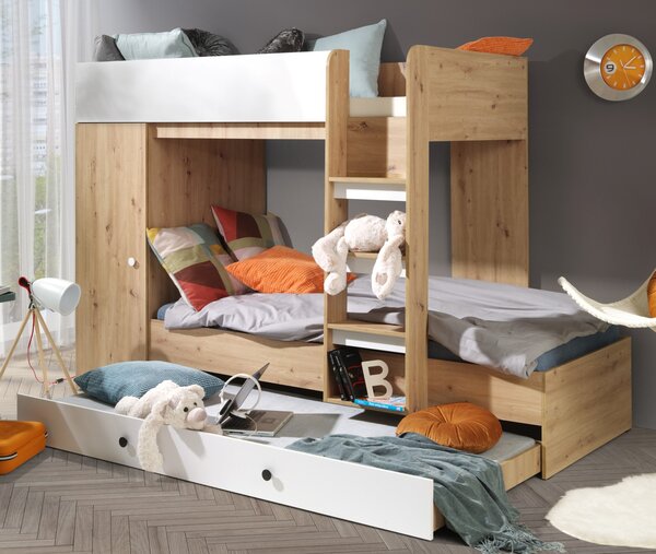 Patrová postel pro 3 děti Sporza, dub artisan/bílá
