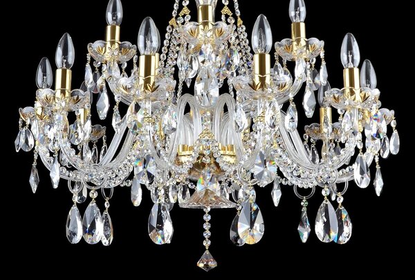 DBK GLASS 15-ti ramenný křišťálový lustr malovaný zlatem s broušenými vachtlemi 1520-10+5-S