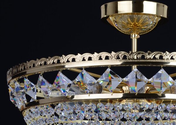 DBK GLASS Zlatý košový křišťálový lustr Swarovski se čtvercovými kameny, rautovou koulí a 9-ti žárovkami 7122-9-Swarovski-S