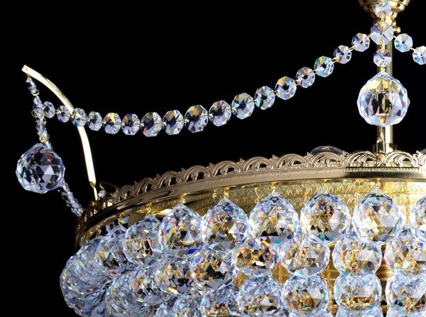 DBK GLASS 9 žárovek - Křišťálový košový lustr s broušenými křišťálovými koulemi III. Zlatá mosaz 7130-9-Sdia730mm