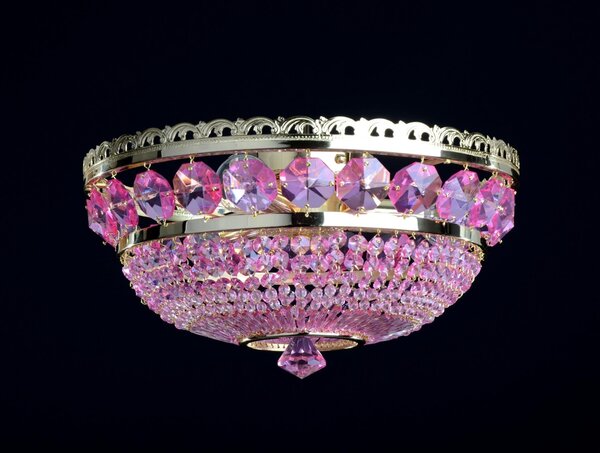 DBK GLASS 3 žárovky - Přisazený košový lustr ze zlaté mosazi s fialovými fuchsiovými ověsy (purpurová magenta) 7123-3-S-Fuchsia (magenta)