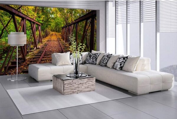 DIMEX | Vliesové fototapety na zeď Železnice v lese MS-5-0055 | 375 x 250 cm| hnědá, zelená, žlutá
