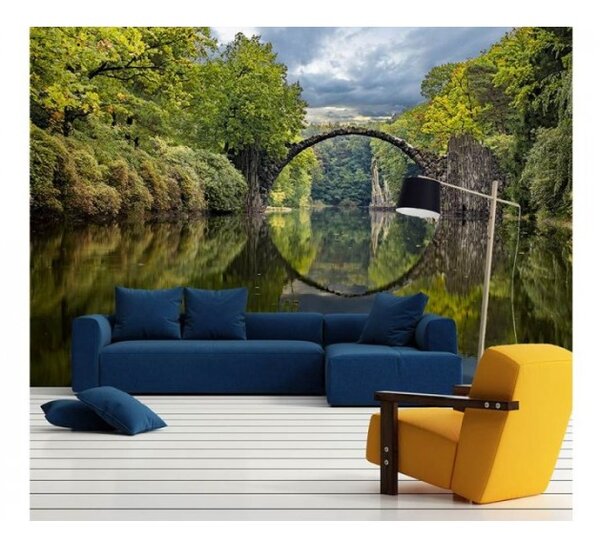 DIMEX | Vliesové fototapety na zeď Krajina s obloukovým mostem MS-5-0060 | 375 x 250 cm| zelená, modrá, šedá