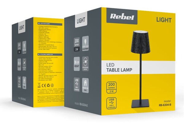 Stolní lampa REBEL RB-6304-B , dotyková, regulace, USB-C, černá