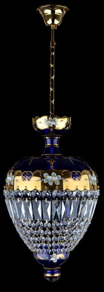 DBK GLASS Modrý košový lustr se skleněnými květy a křišťálovými lichoběžníky 9103-1-SM-blue